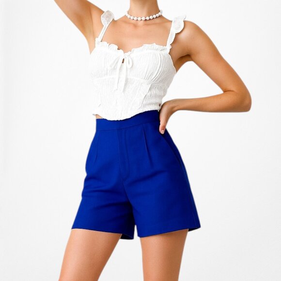 Zara Blue High Waisted Pleated Front Tailored Summer Shorts Size XS/S - Picture 2 of 7